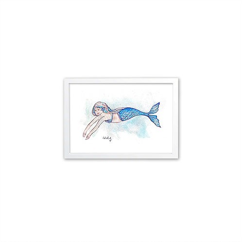 Aguarela Little Mermaid - Moldura Branca